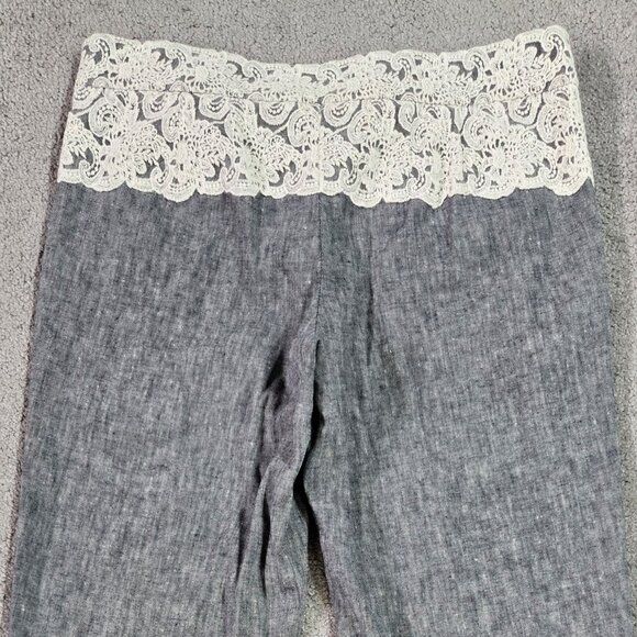 Elevenses Anthropologie The Brighton Linen Blend Gray Flare Pants Lace Overlay - Picture 5 of 10